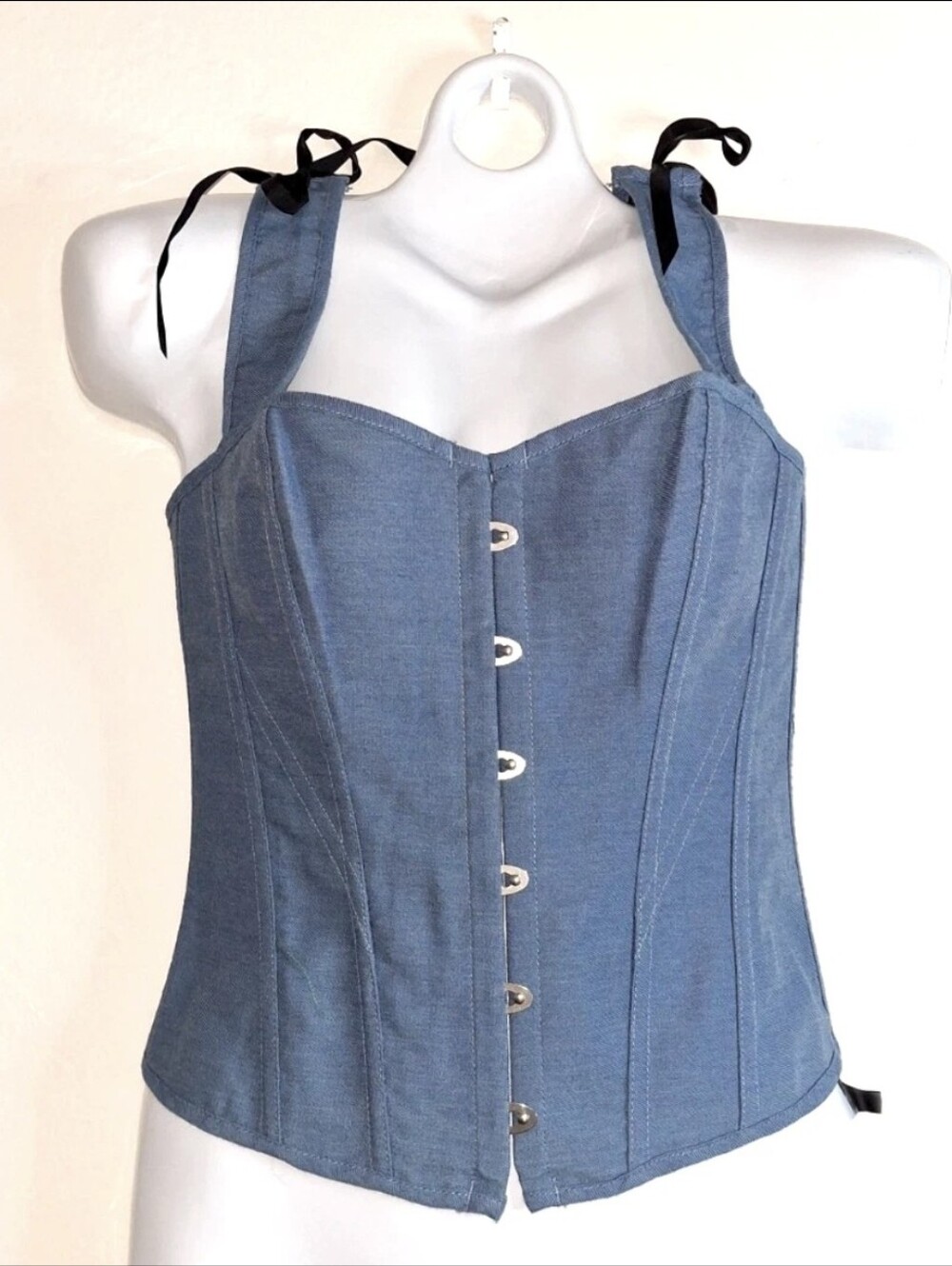 Blue Corset Top Lace Up Back Bustier Strappy Tie Shoulder Size S New